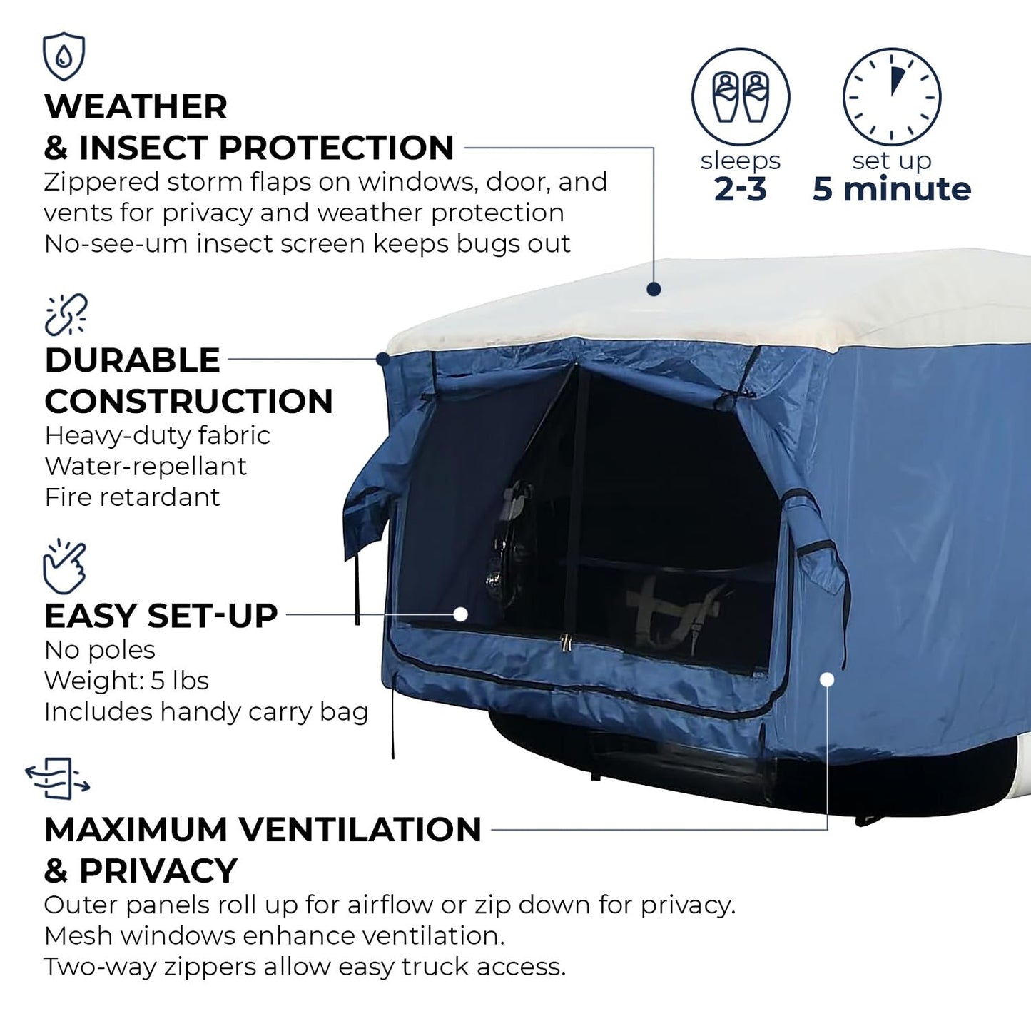 DAC Mid-Size Truck Tent – Easy-Setup Vehicle Tent for Pickups with Camper Tops – Fits High-Back & Flat-Back Trucks – Weatherproof, Lightweight