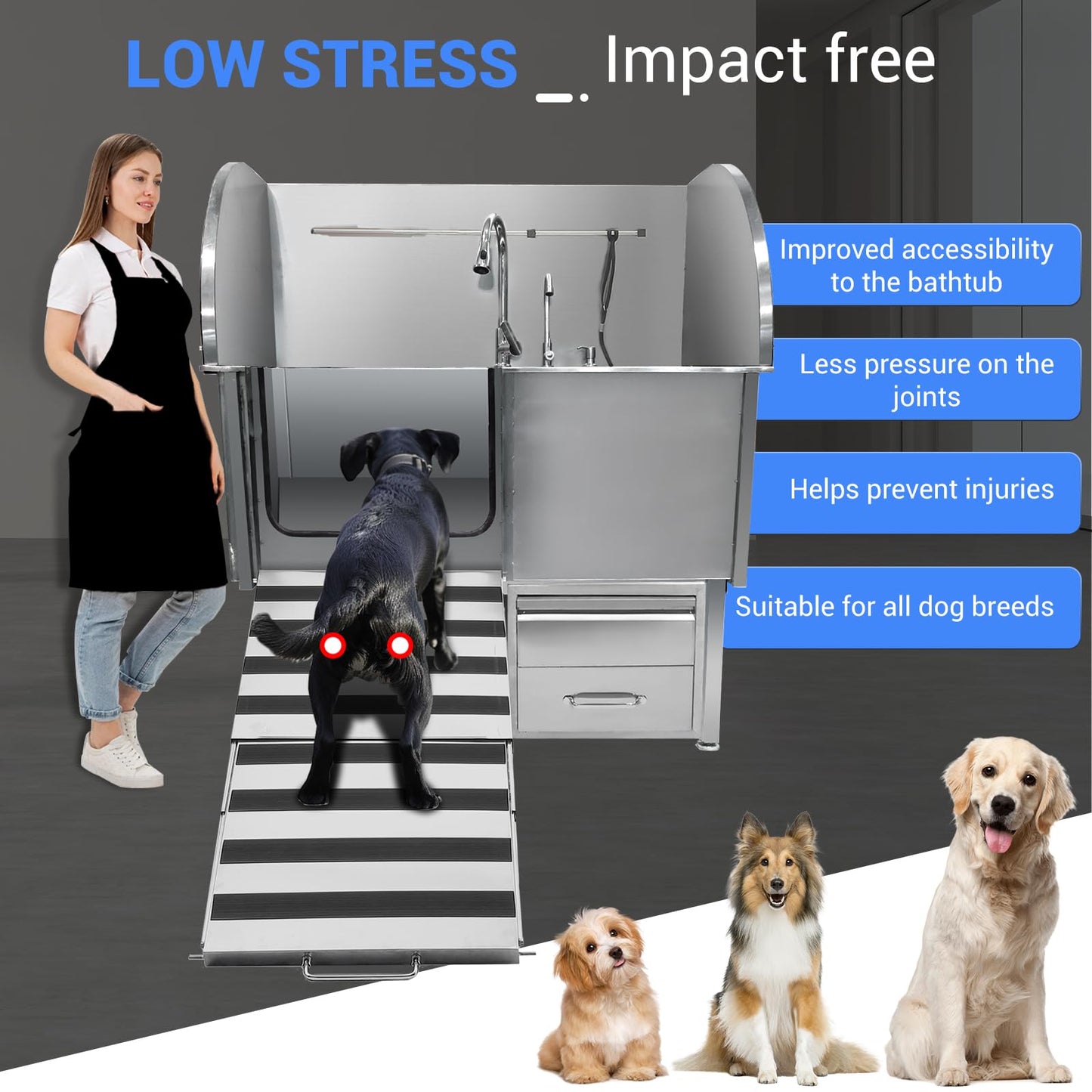Towallmark Professional Stainless Steel Dog Bathing Tub - Dog Grooming Tub w/Ramp, Moveable Storage Drawer, Floor Grate & Faucet/Dog Bathtub for Large, Medium & Small Pets (50", Right Ramp)