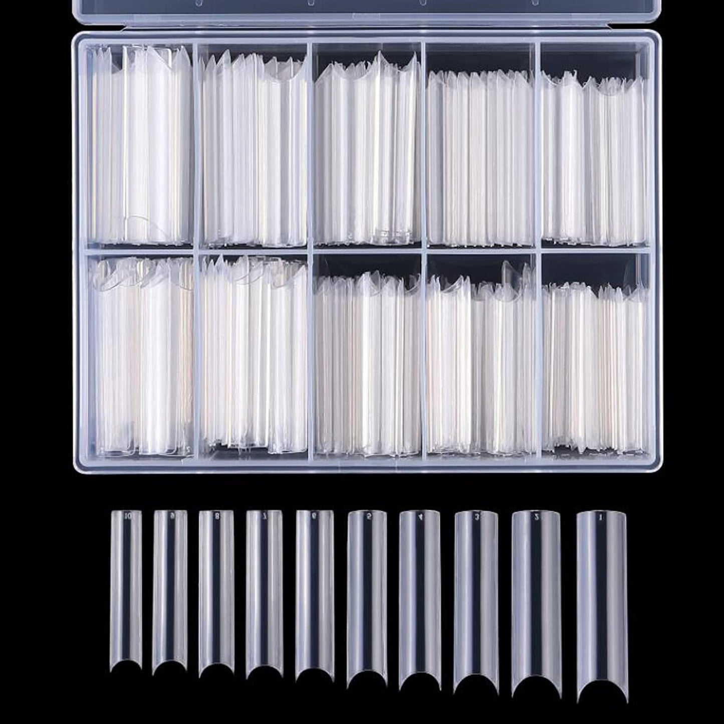 LoveOurHome 200pc XL C Curve Nail Tips Extra Long Tapered Square Fake Nails Half Cover Clear Artificial Nail Art Tips 10 Size False Nails Tech Supplies for Gel Acrylic Nail Extension