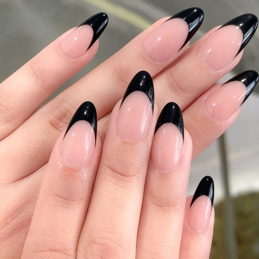 24Pcs Black Press on Nails with French Tip Design, Glossy Medium Almond Fake Nails French Nail Tips Solid Color Stick on Fingernails Nude False Nail Cute Exquisite Elegance Fashion Simple for Women