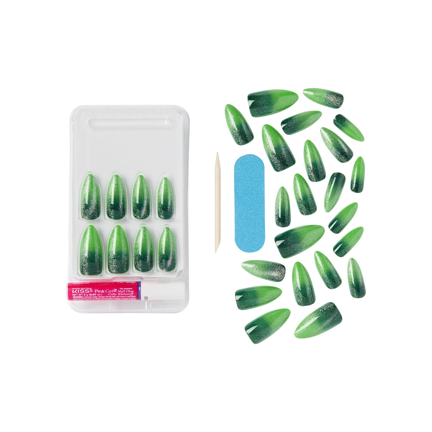 KISS X WICKED: FOR GOOD Press On Nails Almond, ‘I Feel Wicked’, Green, Long, Waterproof, Chip Proof, Smudge Proof, 28 Fake Nails, Pink Gel Nail Glue (2g), Mini Nail File, & Manicure Stick