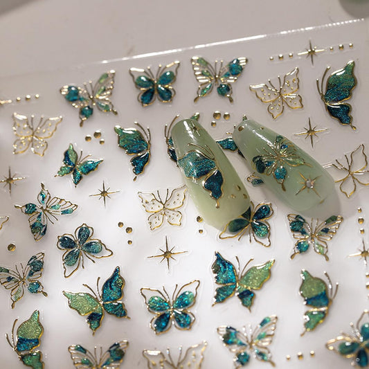 Green Butterfly Nail Stickers 5D Embossed Nail Art Butterfly Nail Decals with Gold Accent Spring Stickers for Nails Designs Self Adhesive Nail Art Supplies for Women Girls DIY Manicure 1 Sheet