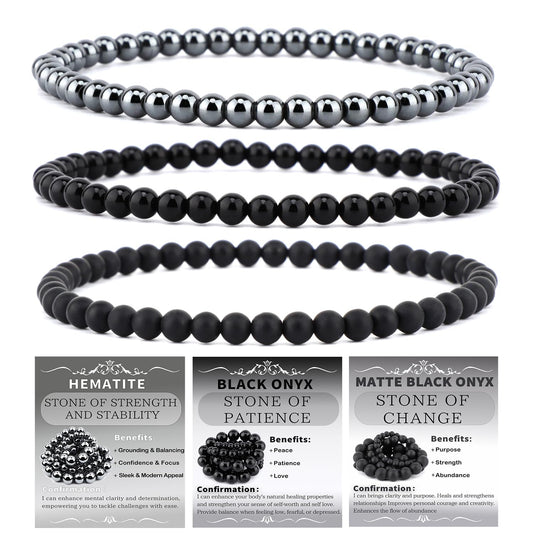 NCB 3-Piece 4mm Natural Crystal Gemstone Stretch Bracelets – ﻿Black Onyx, Hematite, Matte Black Agate Handmade Reiki Energy Healing Jewelry for Meditation,Yoga, Unisex