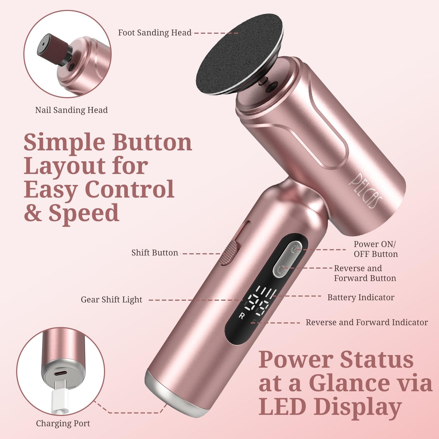 PELCAS Electric Foot Callus Remover with LED Screen, 2 in 1 Manicure & Pedicure Kit, 100 PCS Sandpapers Electric Foot File for Women & Men, Cordless Feet Filer for Foot Callus, Thick Nails Pink