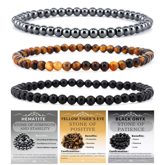 NCB 3-Piece 4mm Natural Crystal Gemstone Stretch Bracelets – ﻿Black Onyx, Hematite, Yellow Tiger's Eye Handmade Reiki Energy Healing Jewelry for Meditation,Yoga, Unisex