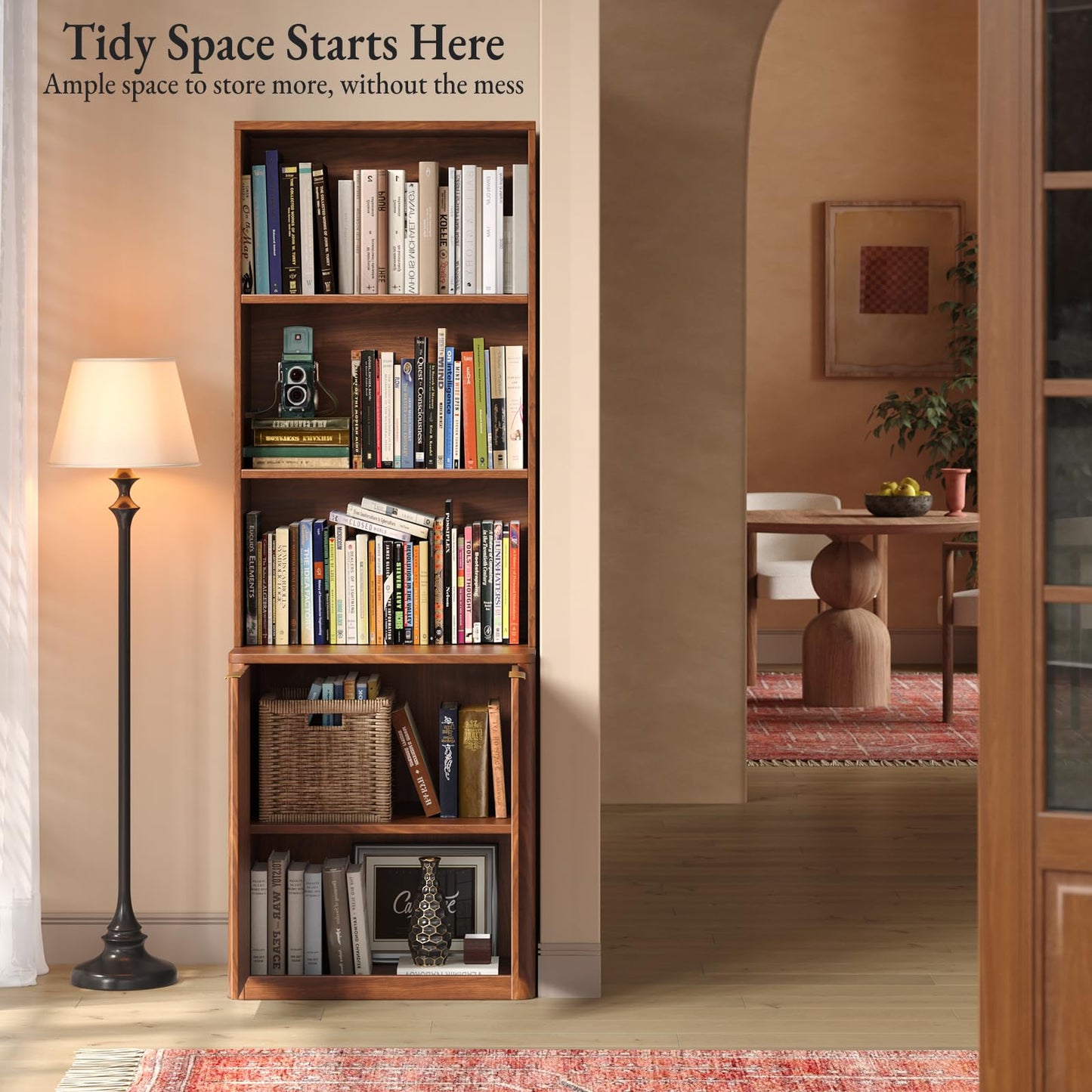 Hootata 71" Walnut Bookcase with Doors, 5 Tier Fluted Tall Bookshelf with Storage, Librero with Cabinet for Home Office, Living Room,or Bedroom