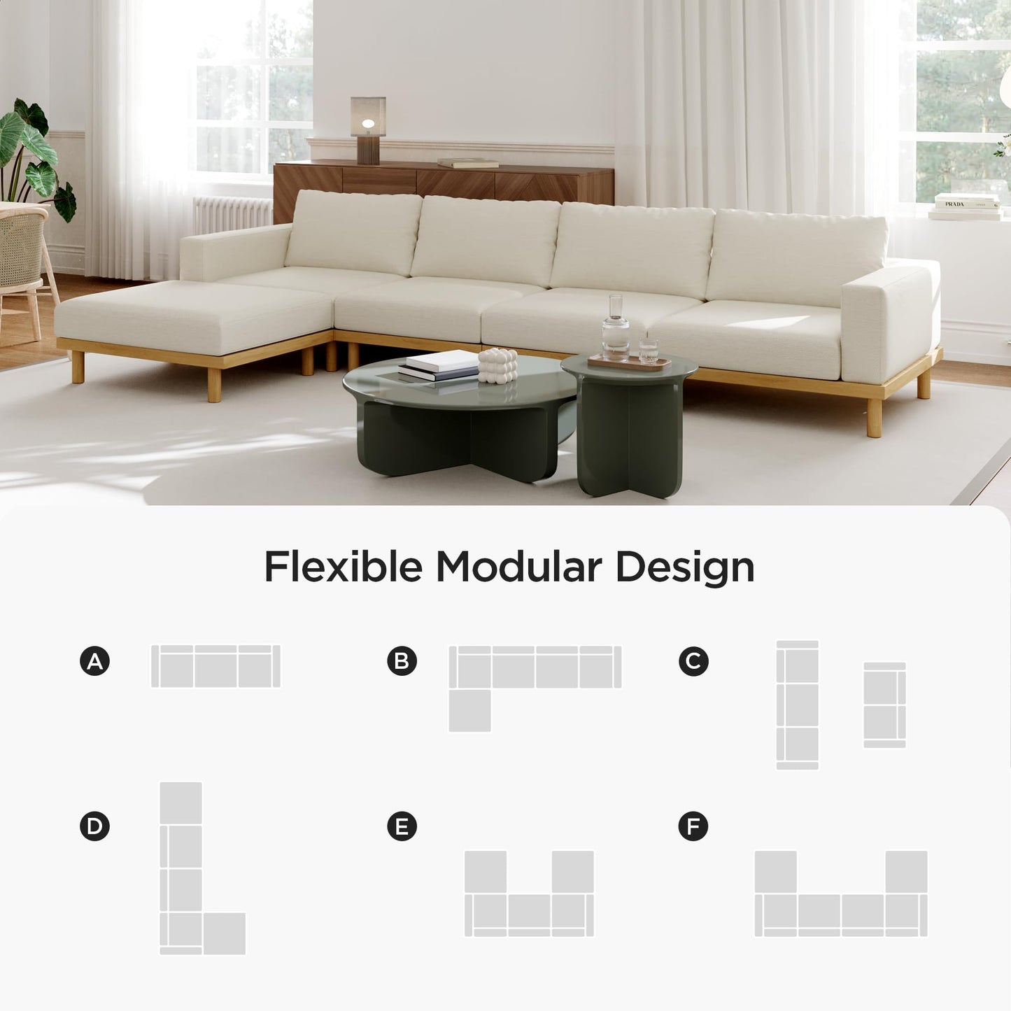 Acanva Minimalist Modular Sectional Sofa for Living Room, Wide & Deep Seat Convertible Furniture Set with Metal Frame and Movable Covers, L-Shaped Couch, Off White