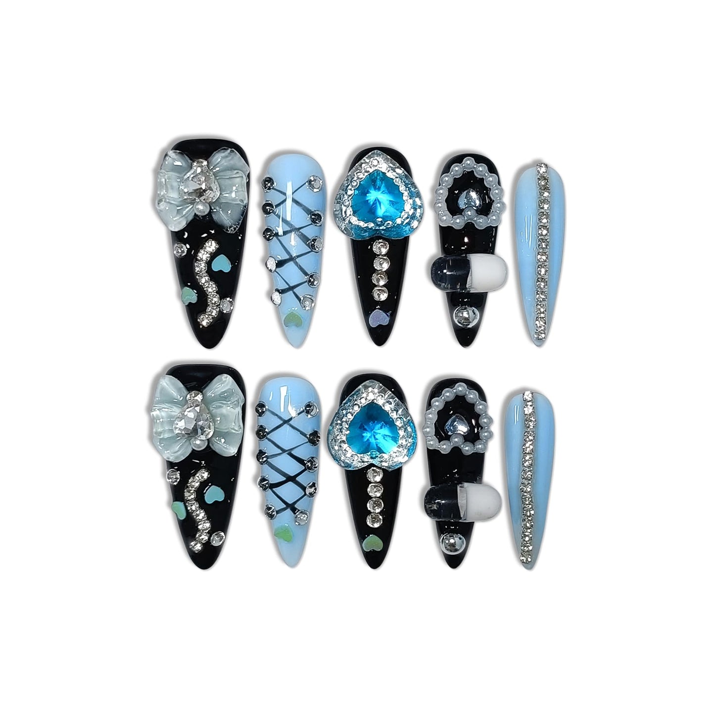 TENPAL 10Pcs Y2K Gothic Press On Nails With Tools,Blue 3D Capsule Pearl Bow & Chain Charms Designs Fake Nails,Long Stiletto Handmade False Nails,Reusable Acrylic Glue on Nails for Party Halloween(XS)