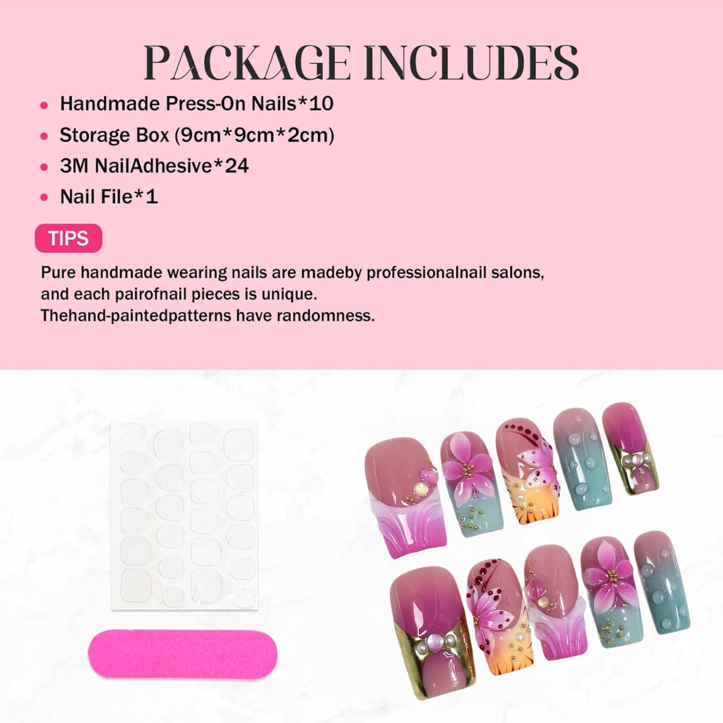 10Pcs Press on Nails Medium Handmade Square Fake Nails with 3D Flower Designs Purple Ombre French Tip False Nails Luxury Glossy Acrylic Nails Press Ons Reusable Stick on Nail for Women (Size M)