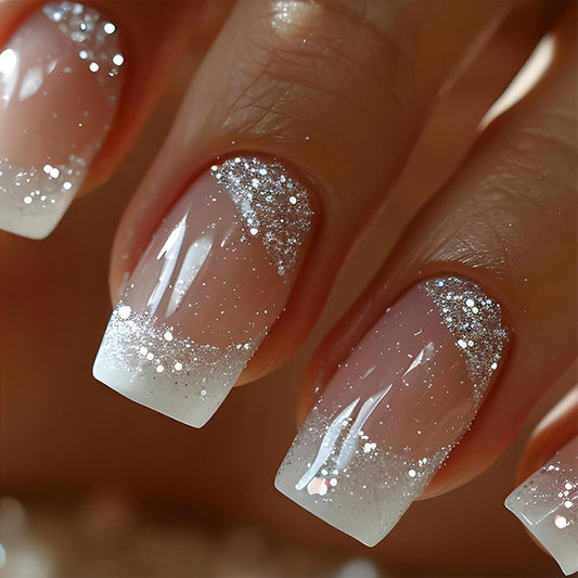 24Pcs Press on Nails Medium Square French Tip Fake Nails with Silver Glitter False Nails White French Tip Stick on Nails Nude Full Cover Artificial Glue on Nails for Women Girls DIY Nails Art