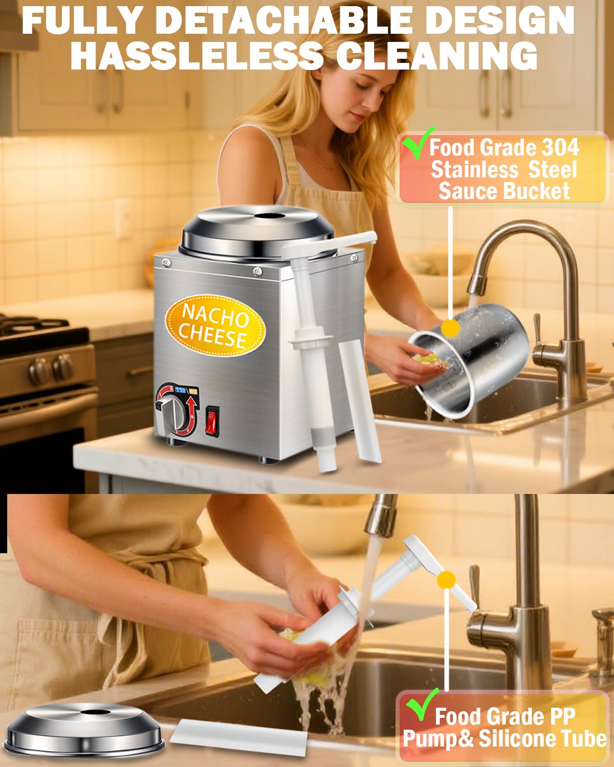Nacho Cheese Dispenser with Pump - 2.8QT Stainless Steel Nacho Cheese Hot Fudge Sauce Warmer Machine with 6-Level Temperature Control, Commercial Dispenser for Hot Chocolate, Hot Fudge, and Caramel