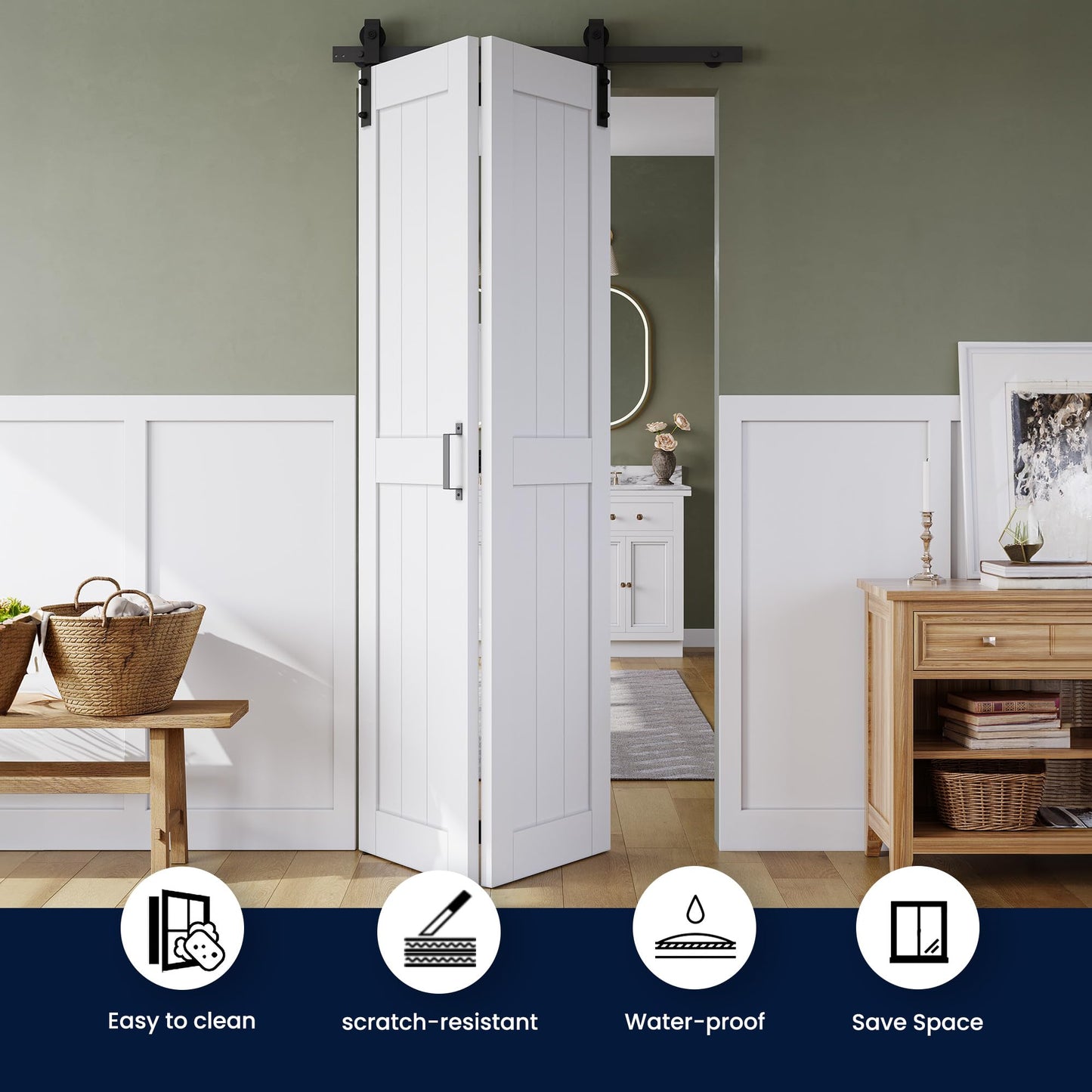 Bifold Barn Door 30" x 84", MDF Bi-Fold Sliding Closet Doors with Hardware Kit Included, Pre-Finished Easy Assembly, Water-Proof PVC Surface & Save Space, H-Frame, 34" Track for 2 Doors,White