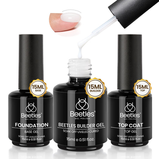 Beetles Builder Nail Gel & Top Coat and Base Coat Set-3Pcs 15ml White Gel Nail Polish Strengthener Gel Polish Soak Off UV LED for Nail Extension, Nail, Shine Effect Long Lasting