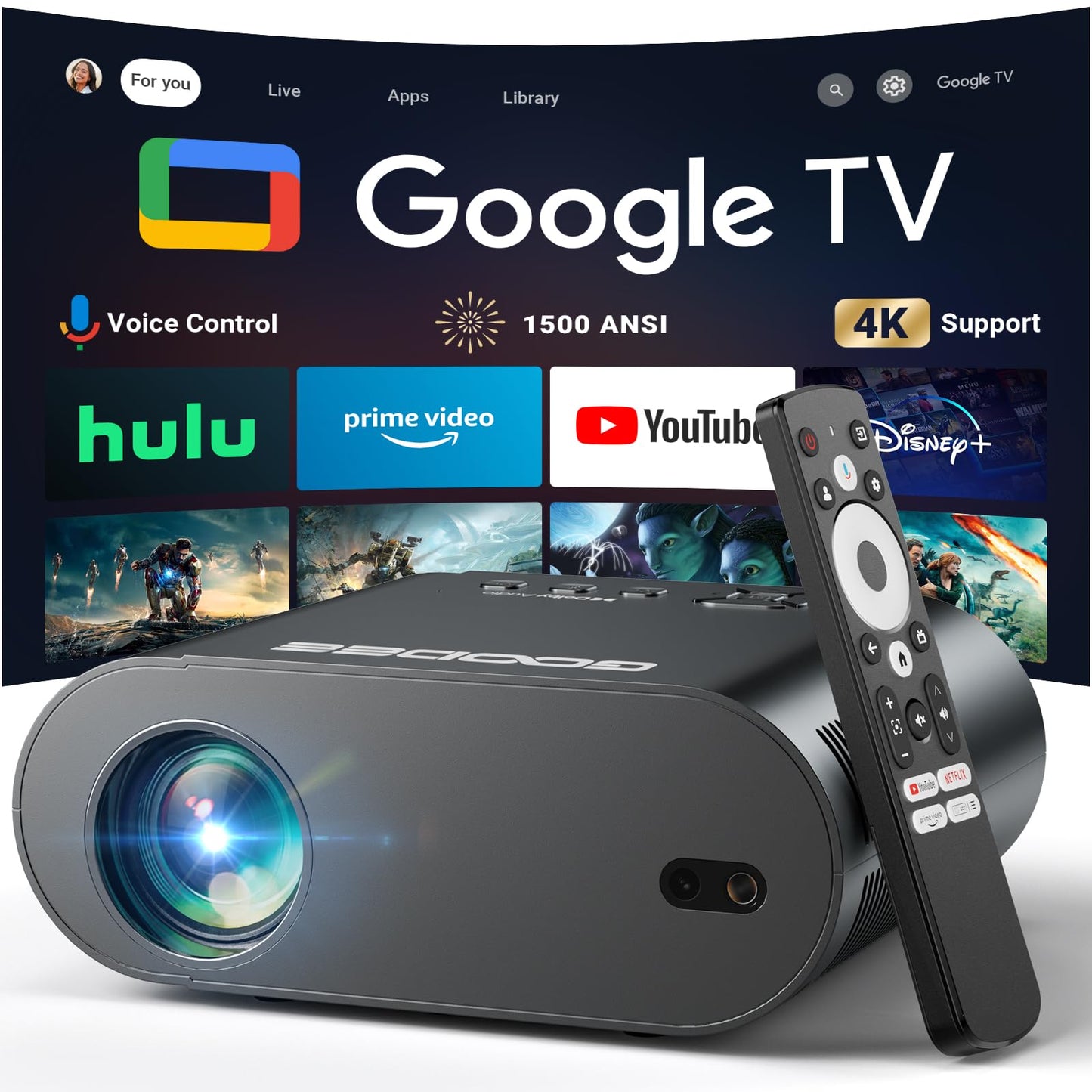 [Google TV/Voice Control]GooDee 4K UHD Smart Projector with WiFi and Bluetooth, Portable Movie Projector Applicable to Prime Video,YouTube Built-in, Dolby Sound Home Theater for Indoor/Outdoor