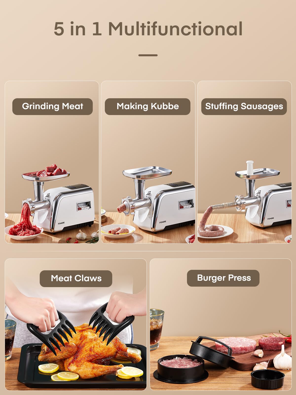 Meat Grinder Heavy Duty, 3000W MAX, 5 in1 Meat Grinder for Home with Stainless Steel Sausage Stuffer Tubes(2 Sizes), Kubbe Maker & Burger/Slider Maker, Storage Box
