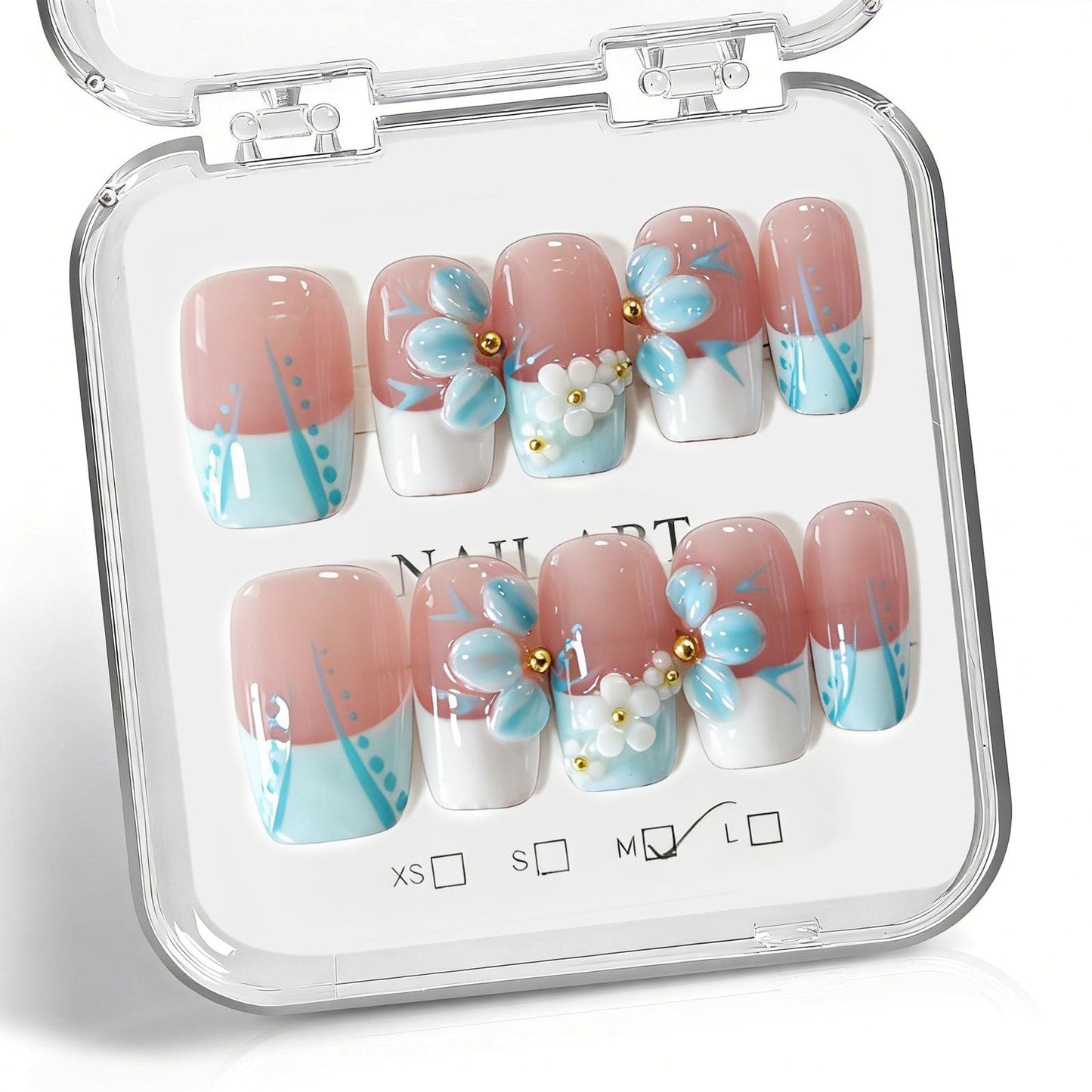 10 Pcs Handmade Press on Nails Medium Square Fake Nails with 3D Daisy Flower Blue French Tip Curve Design Acrylic False Nails Summer M Size Press Ons Nails Square for Women