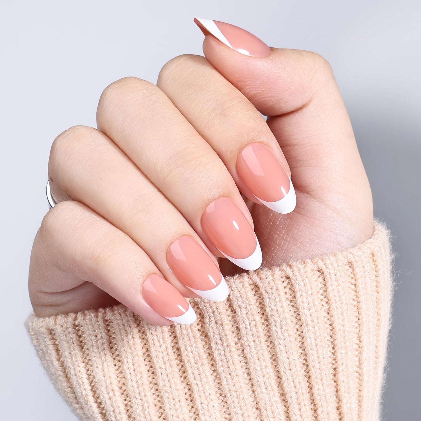 Leefrei French Tip Press on Nails - Short Almond Peach-toned Nude Press on Nails, Glossy Finish Fake Nails Reusable Nails Press ons for Women, 32 Pcs in 16 Sizes False Nails Kit, Peach Milk