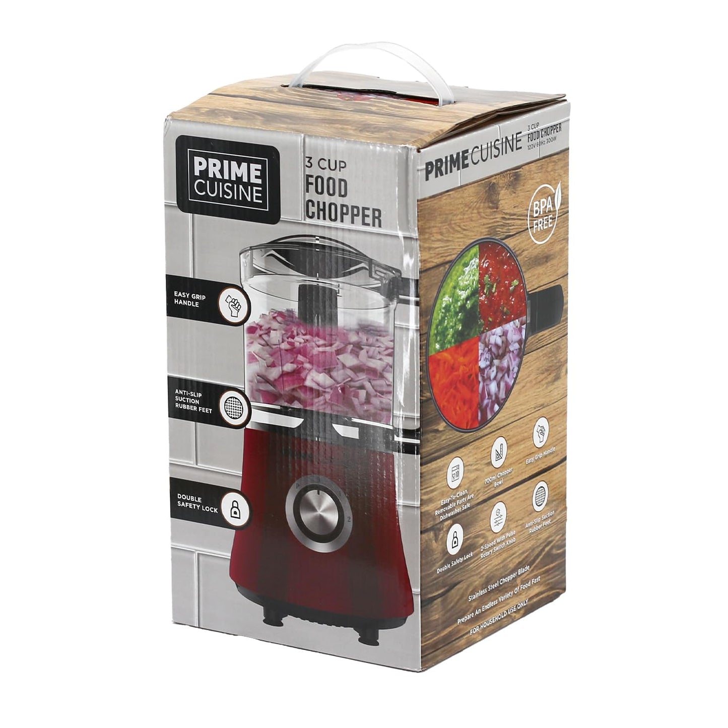 PRIME CUISINE Electric Vegetable Chopper & Food Processor, 3 Cup Capacity, For Mincing, Emulsify and Puree (Burgundy)