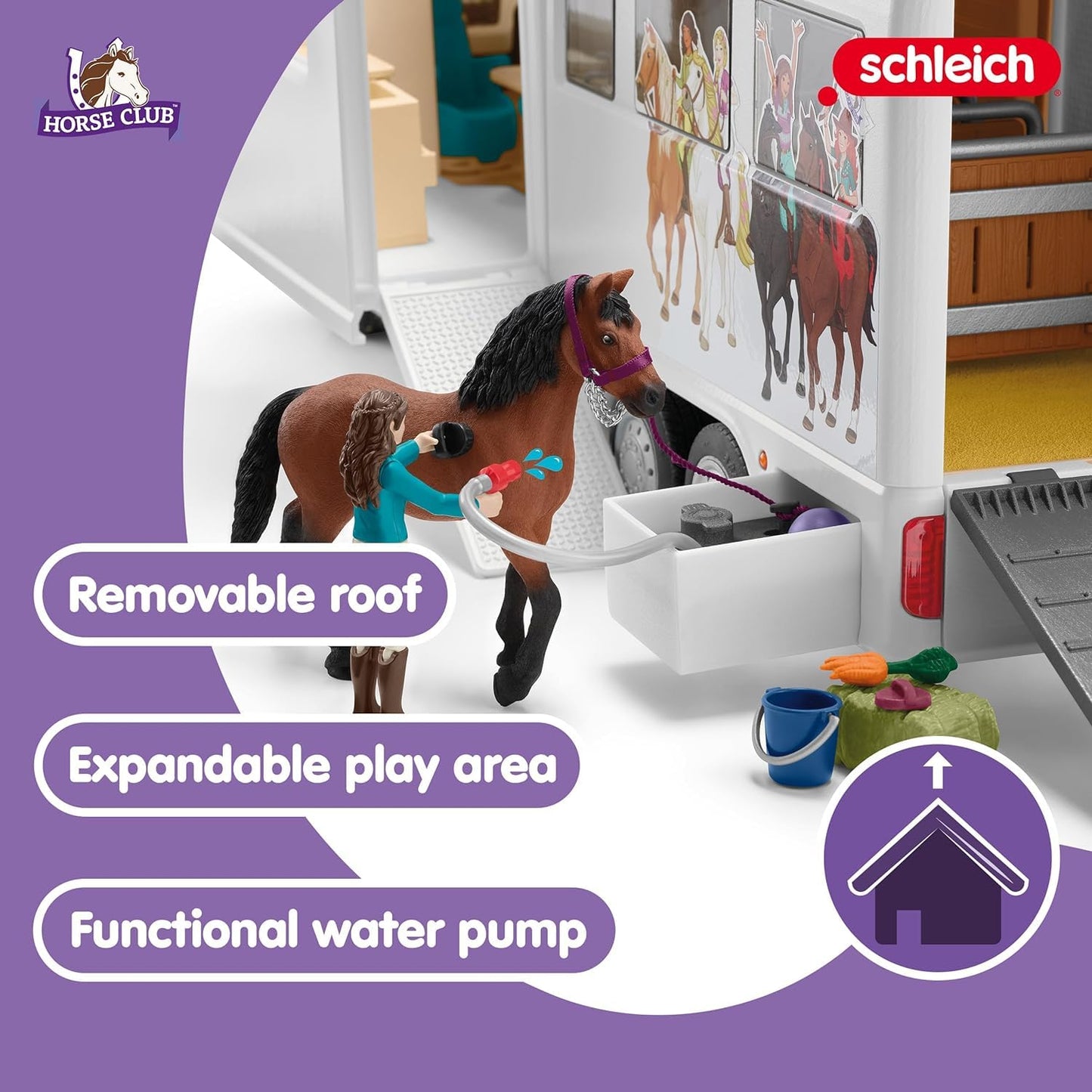 Schleich Horse Club - 227PC Lisa Transporter Playset – Horse Toy Trailer Set with Family, 3 Horses, Dog, Grooming Station & Rooftop Pool for Real Water Play – Realistic Toys for Kids Ages 5+ | 42619