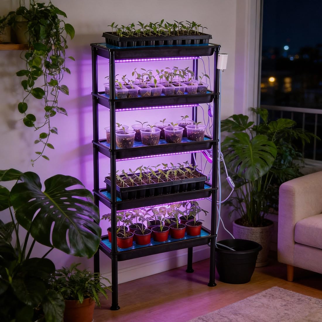 RooTrimmer 5-Tier Seed Starter Tray, Plant Stand with Grow Lights & Pump - Hydroponics Growing System, Ebb and Flow Seedbeds, Siphoning Watering, Designed for Nursery Cell Trays, Plant Pots
