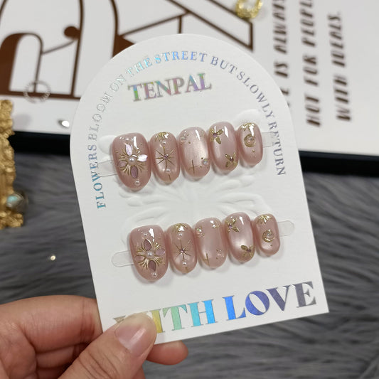 TENPAL Handmade Press on Nails Short Oval - Pink Cat Eye Glitter Sheer Nude Hand Painted Floral False Nails for Women - Glossy Acrylic Stick on Nails with Designs(M)