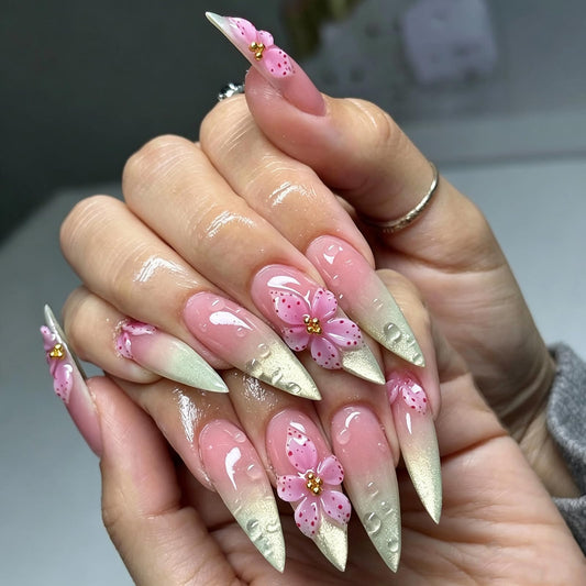 MISUD Press on Nails - Long Stiletto Fake Nails with Green Cat Eye, Acrylic Handmade Pink Flower Design 24 pcs
