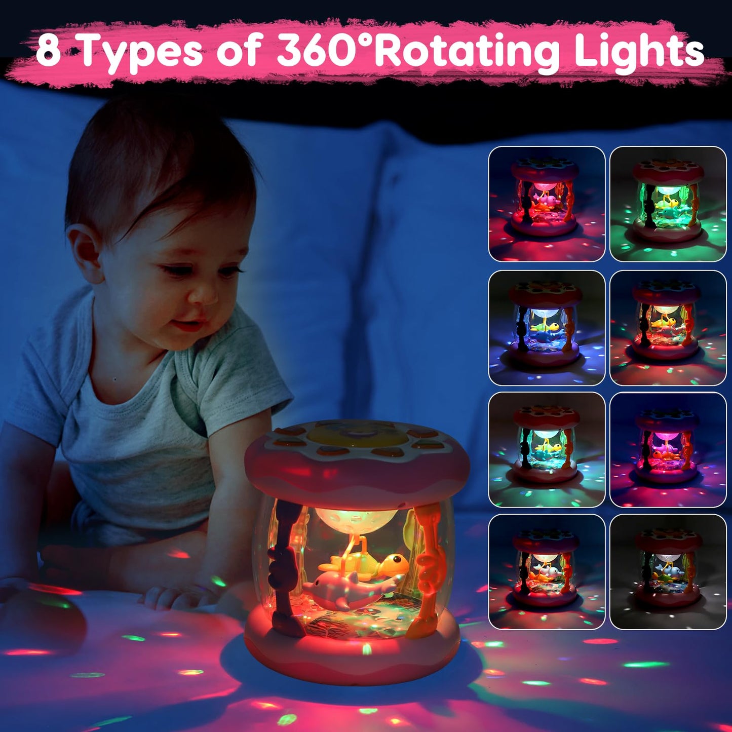 Baby Musical Light Up Toys Tummy Time Ocean Projector Rotating Infant 1 Year Old Toy Baby Aquarium Crawling Pink Toys Babies Girls 1 2 Year Old Birthday Newborn Gifts