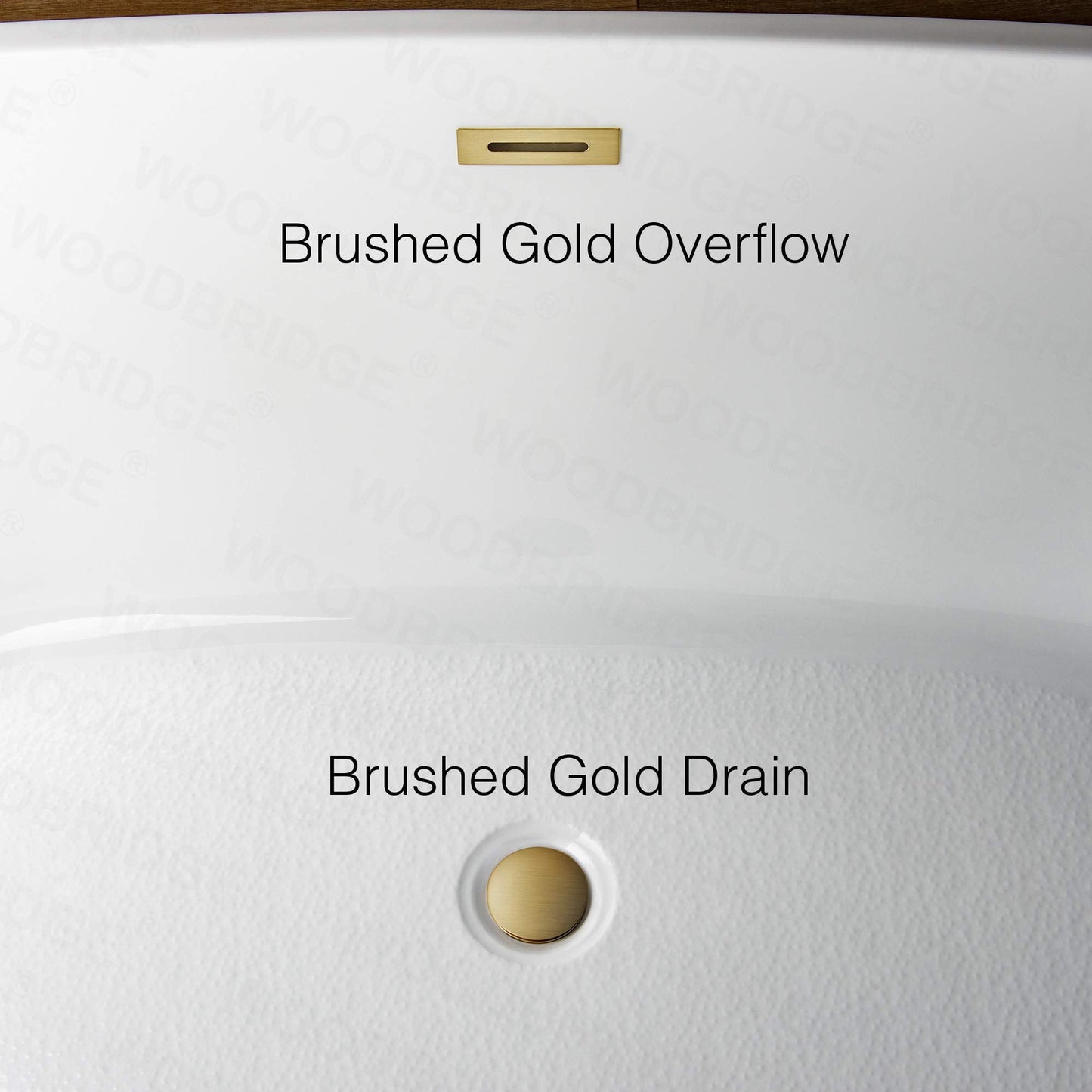 WOODBRIDGE 67" Acrylic Freestanding Bathtub Contemporary Soaking White Tub with Brushed Gold Overflow and Drain，BTA1515-BG-Drain&O