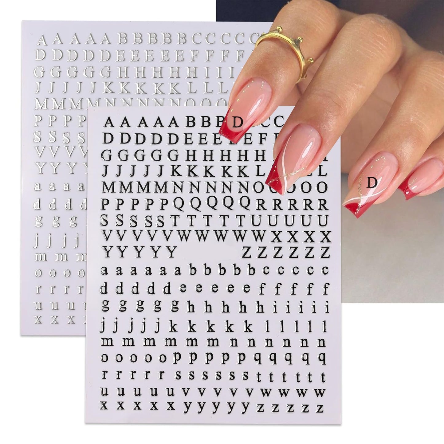 ROFIBUT Letters Nail Art Stickers Alphabet Numbers Nail Decals 3D Self-Adhesive Gold Silver Nail Supplies Nail Art Design English Character Nail Sticker for Women Girls Manicure Nail Decor 8 Sheets