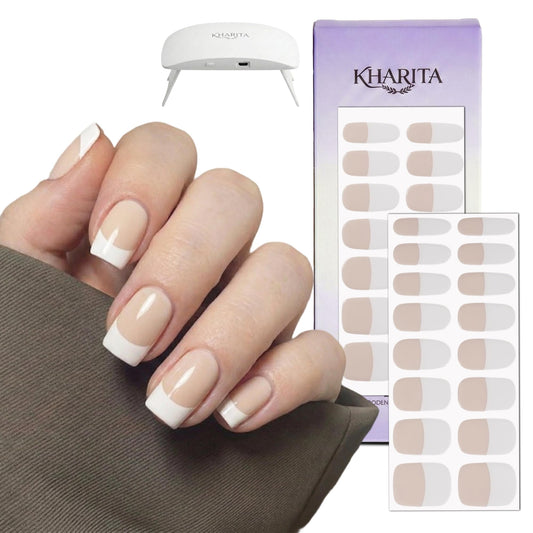 KHARITA Semi Cured Gel Nail Strips – Real Gel Nail Polish Wraps for Brittle Nails | Waterproof Long Lasting Easy Peel-Off Removal | Hema-Free | Nude French Tip Salon Kit with UV Lamps