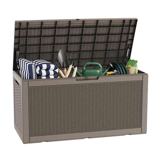 LAUSAINT HOME 320 Gallon Resin Deck Box, Package Delivery Box with Lockable Lid, Waterproof Outdoor Storage Box For Garden Tools, Patio Cushions(320 Gallon,Brown)