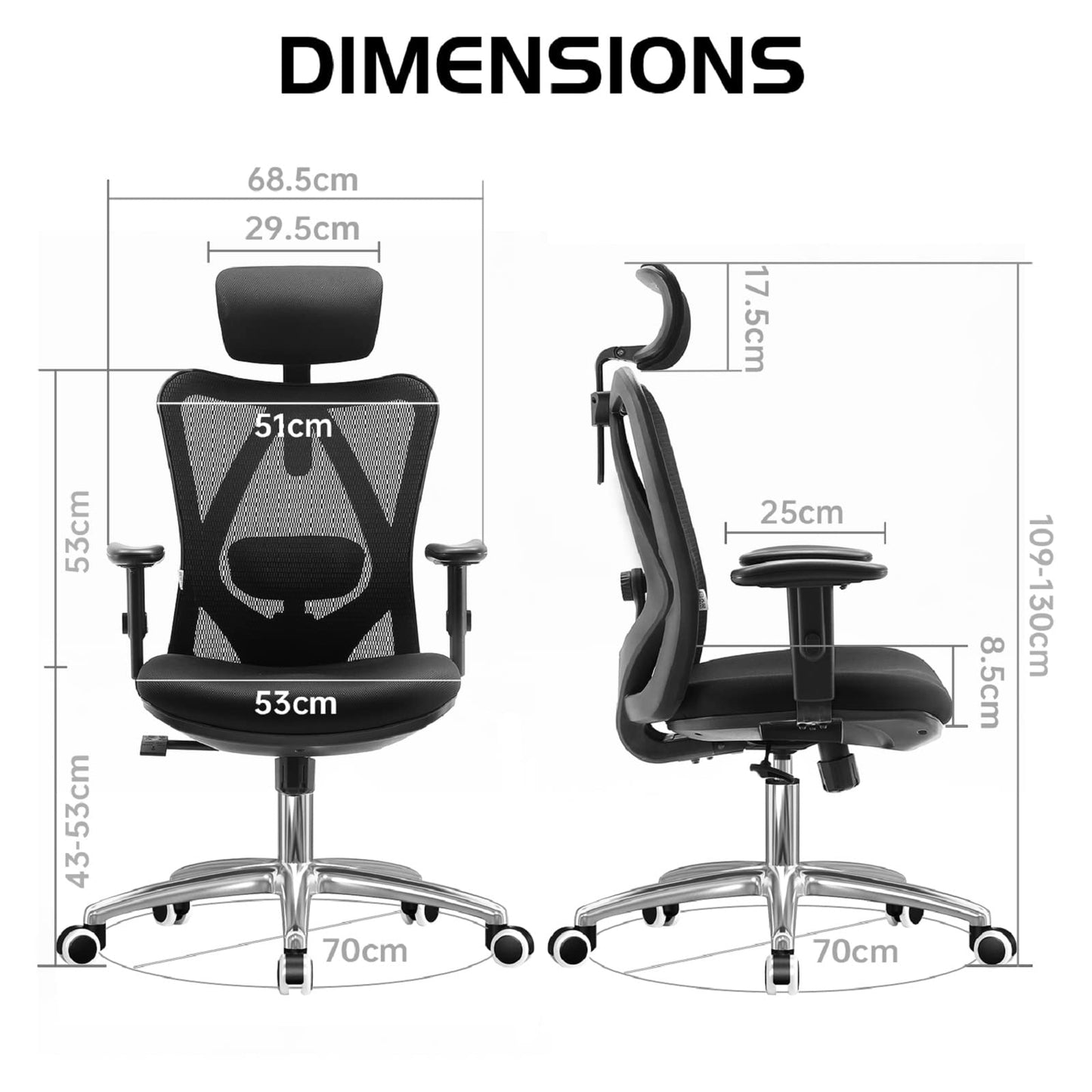 SIHOO M18 Ergonomic Office Chair, High Back Mesh Desk Chair with Adjustable Headrest & Lumbar Support, 330lbs Capacity Computer Chair with 2D Armrests & Wide Cushion, Tilt Lock, for Home Office-Black