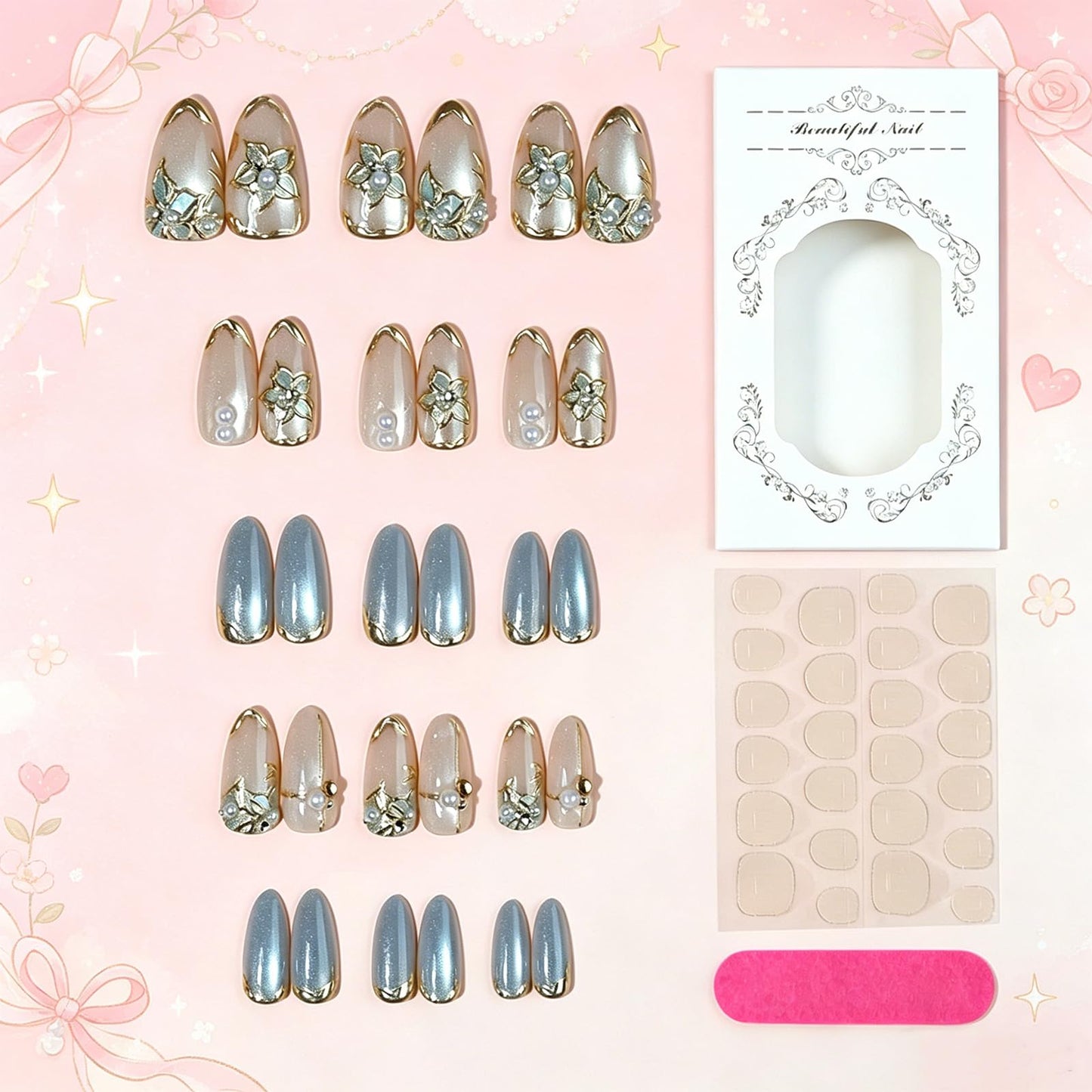 3D Flower Press on Nails with Gold Line Design Floral False Nails Glossy Blue Glitter Medium Almond Fake Nail French Tips Stick on Nail Curve Line Glue on Artificial Fingernails for Women Daily Wear