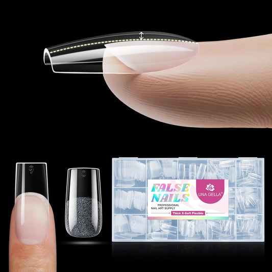 UNA GELLA Square Nail Tips X-Soft Thicker Flexible Gel Nails 330PCS Pre-etched Square Nail Tips Press on Full Cover Acrylic Fake Nails Strength Clear Nails for Nail Extensions DIY Salon 15 Sizes