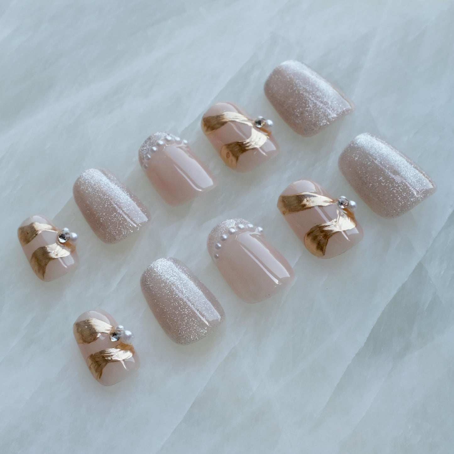 [GLORS] Purely Handmade Press On Nails | Elegant French Pink Pearl Gold Fake False Nail | Salon Quality in Short Square shape, 10 pieces (XS, SS)