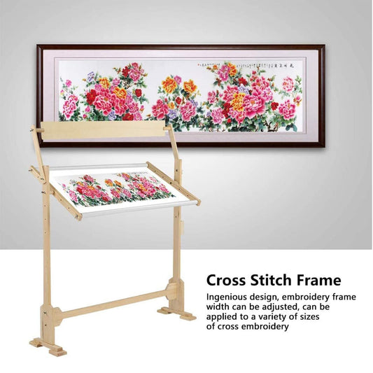 Embroidery Hoops Stand – 360° Adjustable Wooden Cross Stitch Frame, Needlework Floor Stand with Tool Box, Height & Width Adjustable