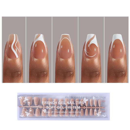 OPkssnails French Gel Nail Tips,5 Style 150pcs French Tip Press on Nails Short Coffin,Pre-Designed Soft Gel Fake Nails Tips, Soak Off Acrylic Fake Nails Extensions for Women Nail Art DIY 15 Sizes