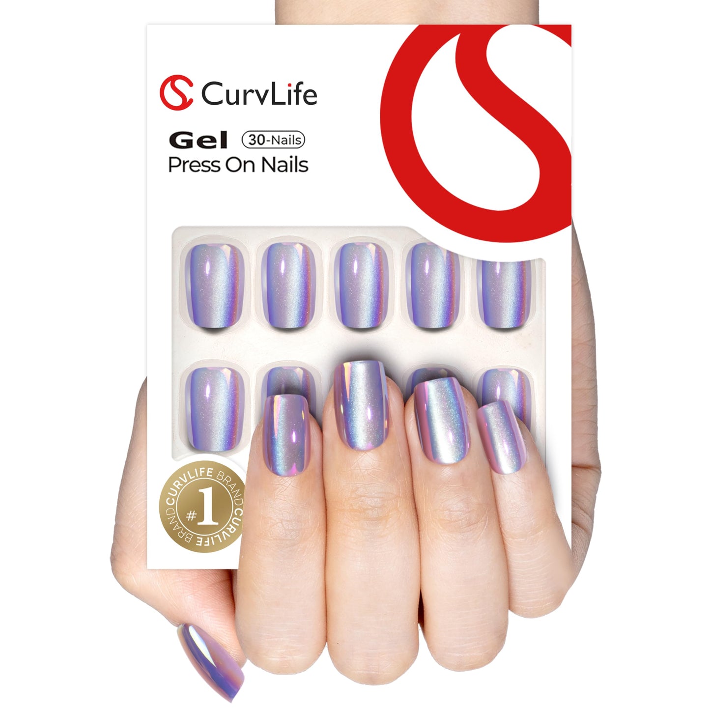 Curvlife 30pcs Soft Gel Press on Nails, Purple Chrome Cat Eye Fake Nail with Apricot Design, Full Cover False Nails Tips Glossy Nude Glue on Nails Artificial Stick on Nails for Women
