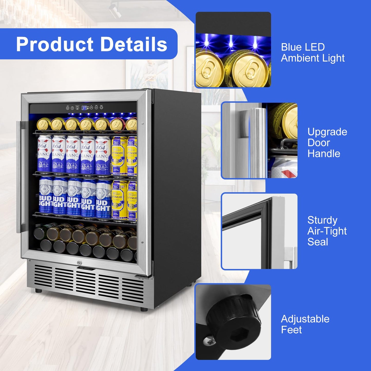 Beverage Refrigerator 24 inch-200 Can Drink Fridge with Glass Door, Under Counter/Freestanding Beverage Cooler with Temperature Memory, Reversible Door, Quick Cooling, Cooler for Beer, Soda, Wine