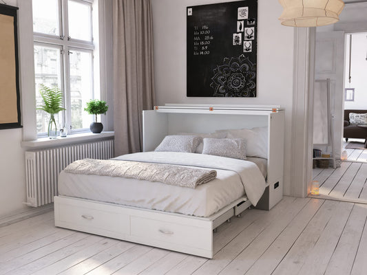 Modern Queen Size Murphy Bed Chest with Mattress, Storage, and Built-in Charger in White