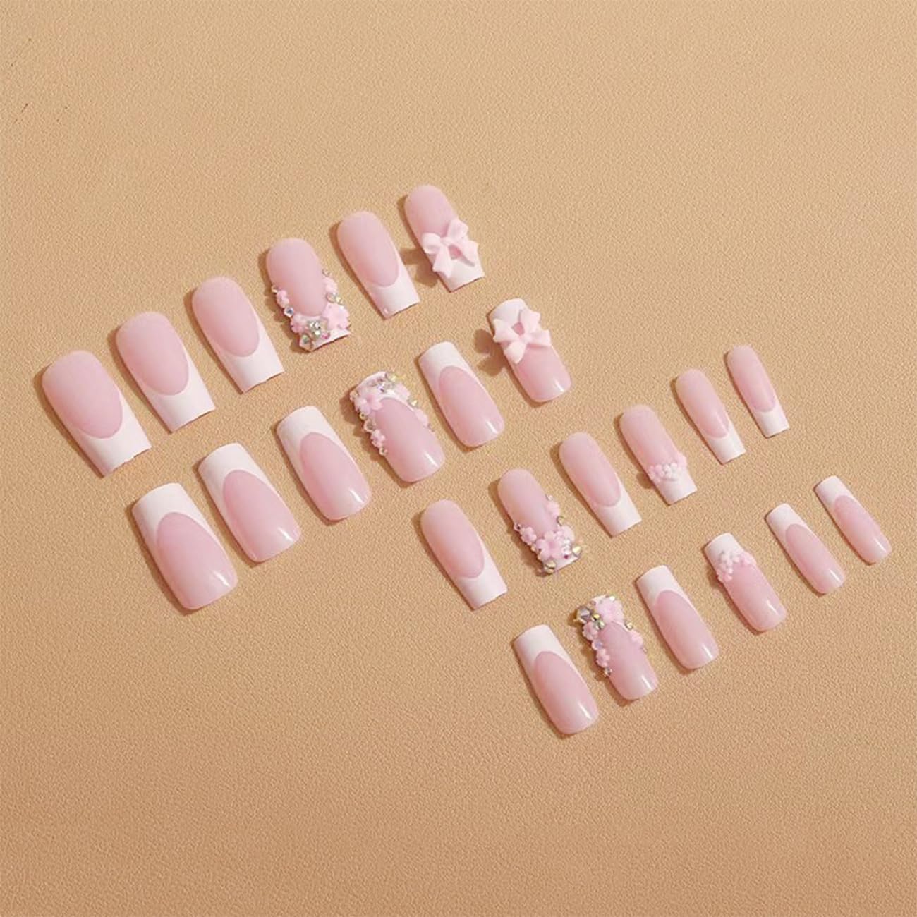 French Tip Press on Nails Medium Length Fake Nails 3D Bow Flower Design Nude Color French Nail Tips Charms Nails Rhinestones Nails for Women Daily Wear Cute False Nails 24Pcs