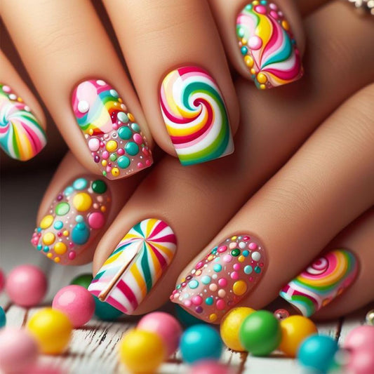 24pcs Summer Press on Nail Cute Fake Nails Short Square Full Cover Stick on Nail with Rainbow designs Colorful Press ones Reusable Glue on Nails for Women Vacation Manicure