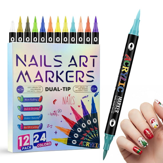 24 Colors Nail Art Markers, Dual Tip Nail Art Pens for Painting Nails, Graffiti Lining, Drawing, Painting & Dotting, DIY Decoration Manicure Nail Art Gifts(24 Colors/12 PCS/Dual Tip)