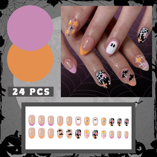 24Pcs Halloween Press on Nails Short Almond French Fake Nails with Ghost Bat Pumpkin Grid Flower Designs False Nails Pink Orange French Tips Glue on Nails for Women Halloween Nail Decor