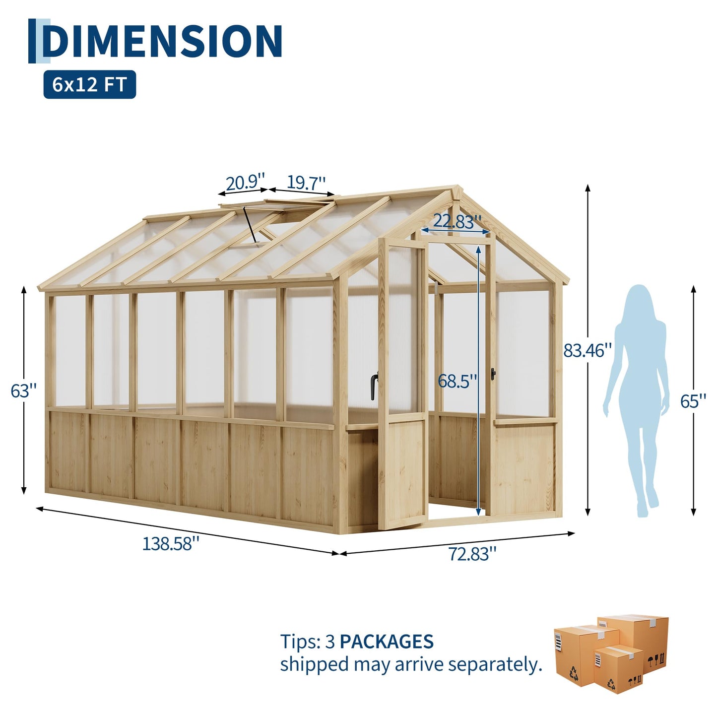 6x12 FT Greenhouse - Large Wooden Greenhouses for Outdoors, Heavy Duty Spruce Frame Greenhouse with PC Panels, Adjustable Roof Vents & Lockable Door, Walk-in Green Houses for Garden, Backyard, Patio