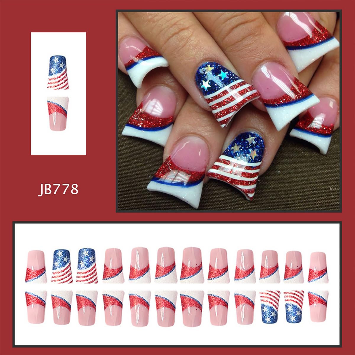 24Pcs 4th of July Press on Nails Duck Short French Tip Fake Nails with Red Blue Glittter Design Independence Day American Flag False Nails Full Cover Artificial Stick on Nails Glue on Nail for Women