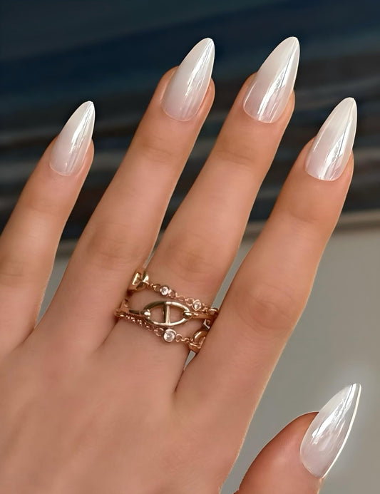 White Chrome Press On Nails Medium Almond, Pearl Milky White Silver Flash Reusable Fake Nails, Salon Quality Long Lasting For Beach Office Daily Wear, 24PCS Manicure Kit Nailinism