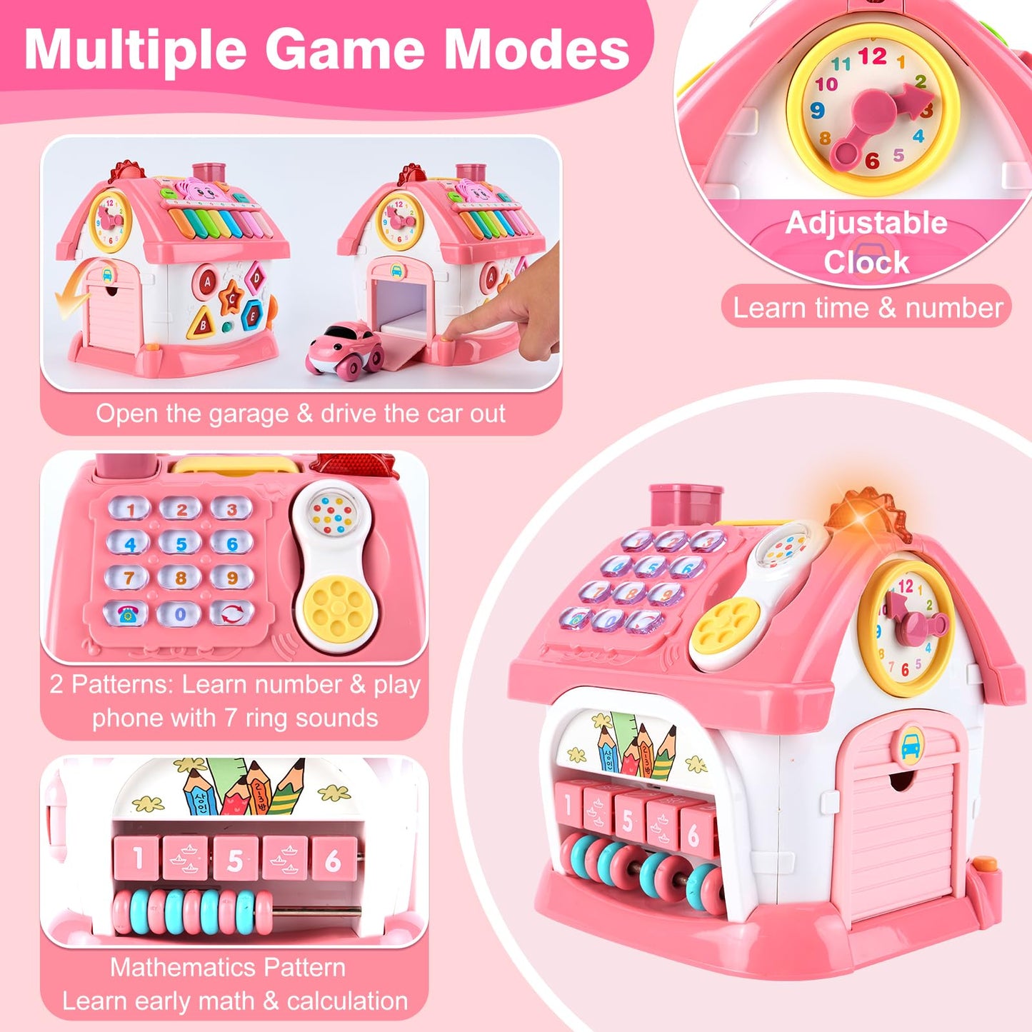 DELUTIQUE Toddler Girl Toys for 1 Year Old, Montessori Toys for 1 Year Old Girl Birthday Gift, 8 in 1 Pink Baby Musical Learning House with Sound Light Music, Creative Gifts for Baby 12 18 Months