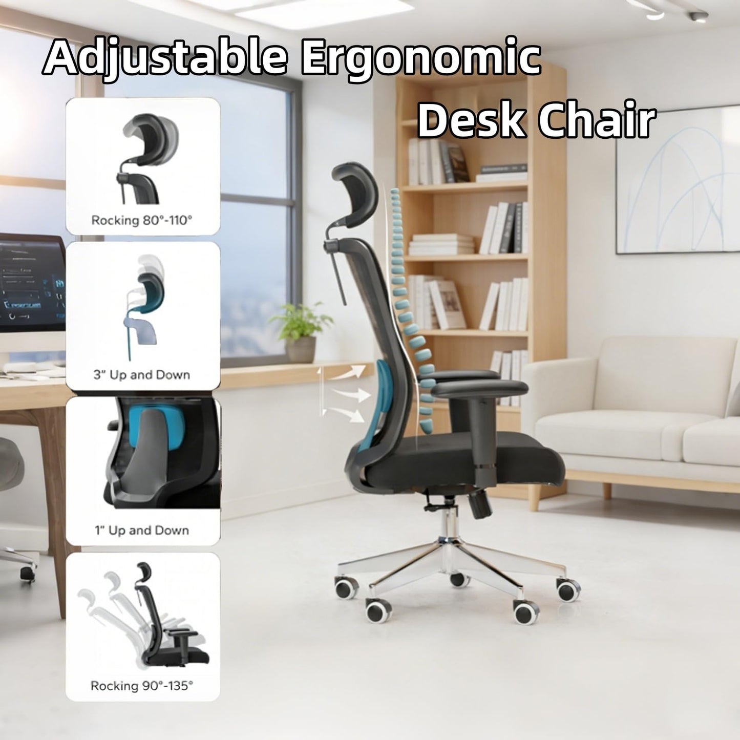 Monhey Ergonomic Office Chair, 90°-125° Tilt Back Home Desk Chair with 360° Swivel & Mute Wheels, High Back Mesh Computer Chair for Adults with Lumbar Support, 330 LBS Capacity (08All Black)