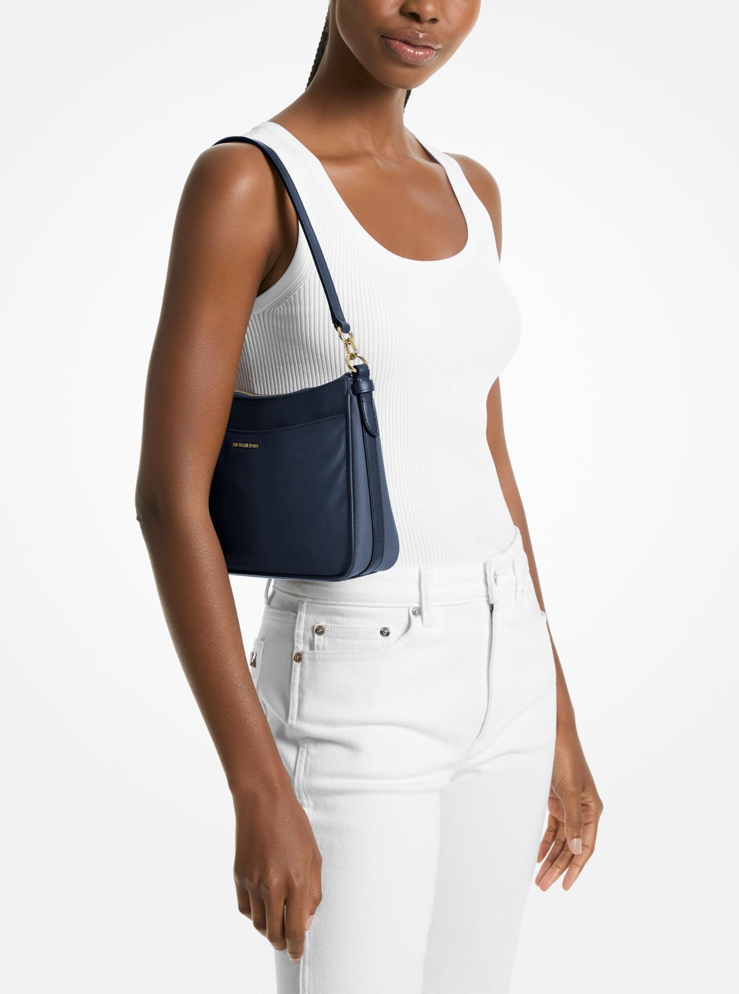 Michael Kors Jet Set Medium Top Zip Pochette Crossbody Bag, Gold-Tone Hardware/Milano Nylon/Navy